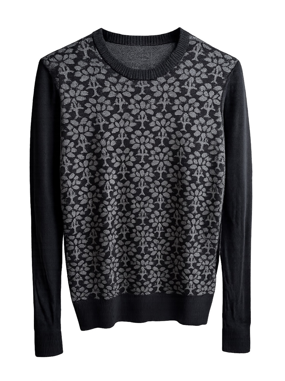 Uniqlo 100% Wool Black & Gray Floral Pattern Crewneck Sweater Size M